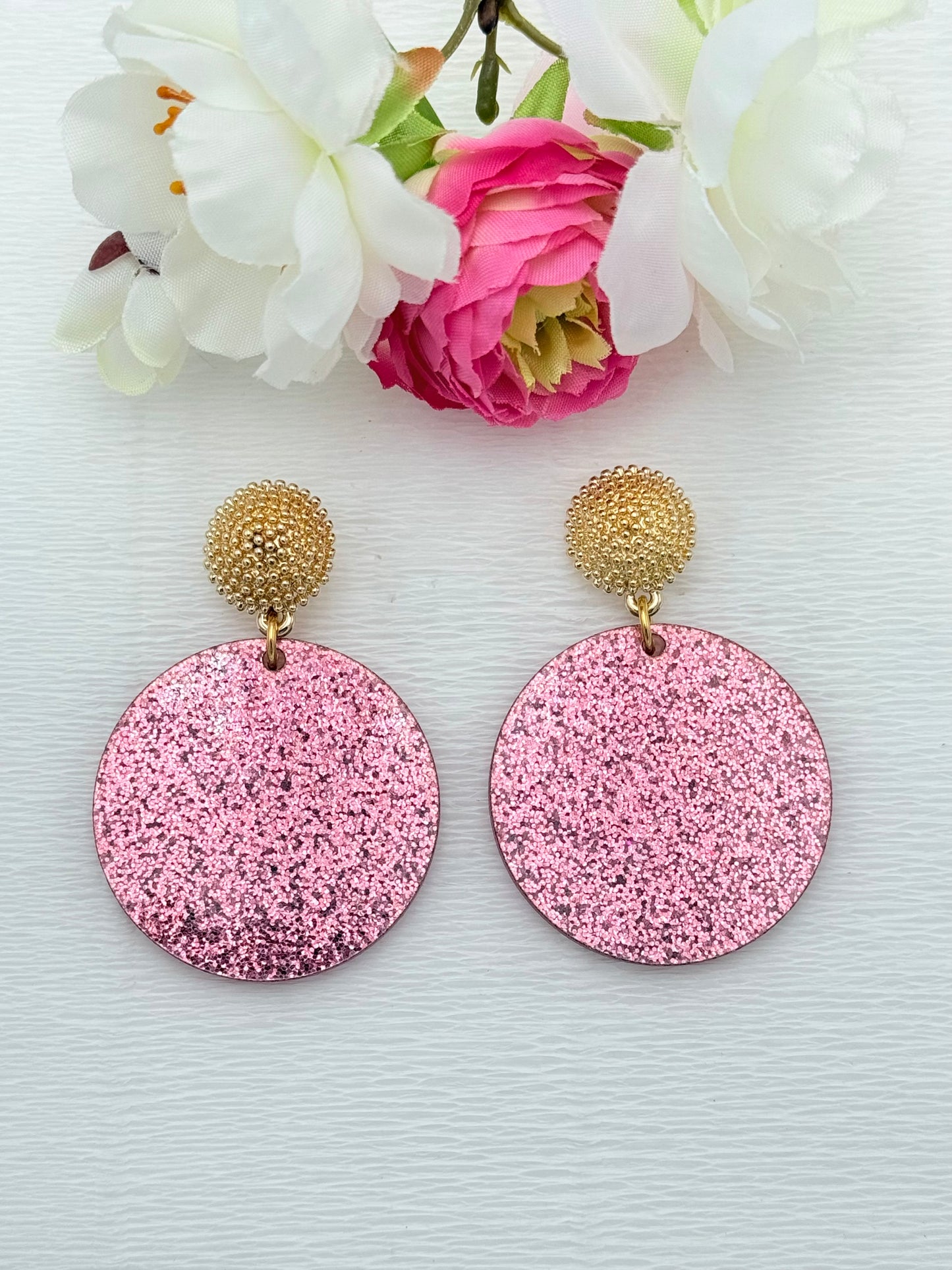 pinke Ohrringe, Ohrringe pink, goldene Ohrringe, Glitzer Ohrringe, Ohrringe glitzer, Modeschmuck Ohrringe, hochwertiger Modeschmuck, Onlineshop Ohrringe, pinke Gitzerohrringe