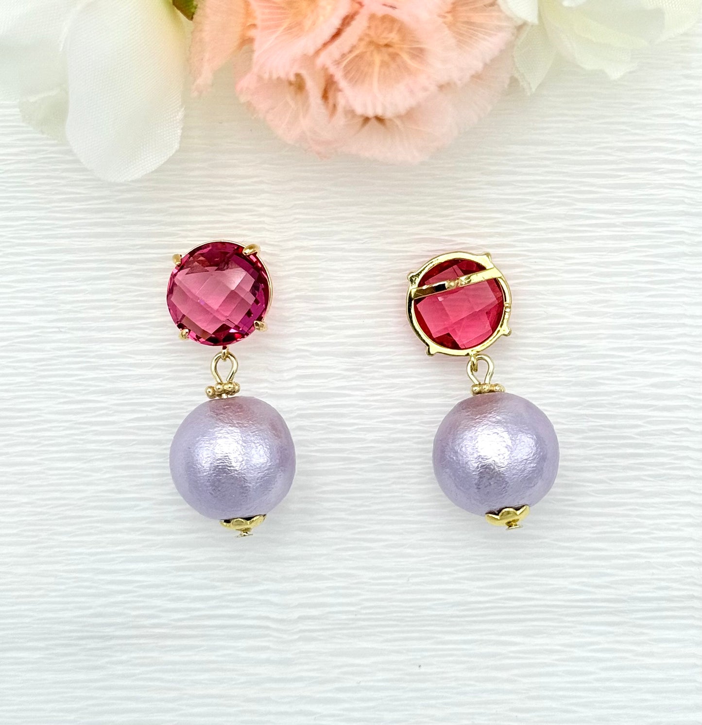 pinke Ohrringe, Ohrringe pink lila, Ohrringe mit Baumwollperle, Glitzer Ohrringe, Ohrringe glitzer, Modeschmuck Ohrringe, hochwertiger Modeschmuck, Onlineshop Ohrringe, edle Ohrringe, Baumwollperlen, Ohrringe leicht