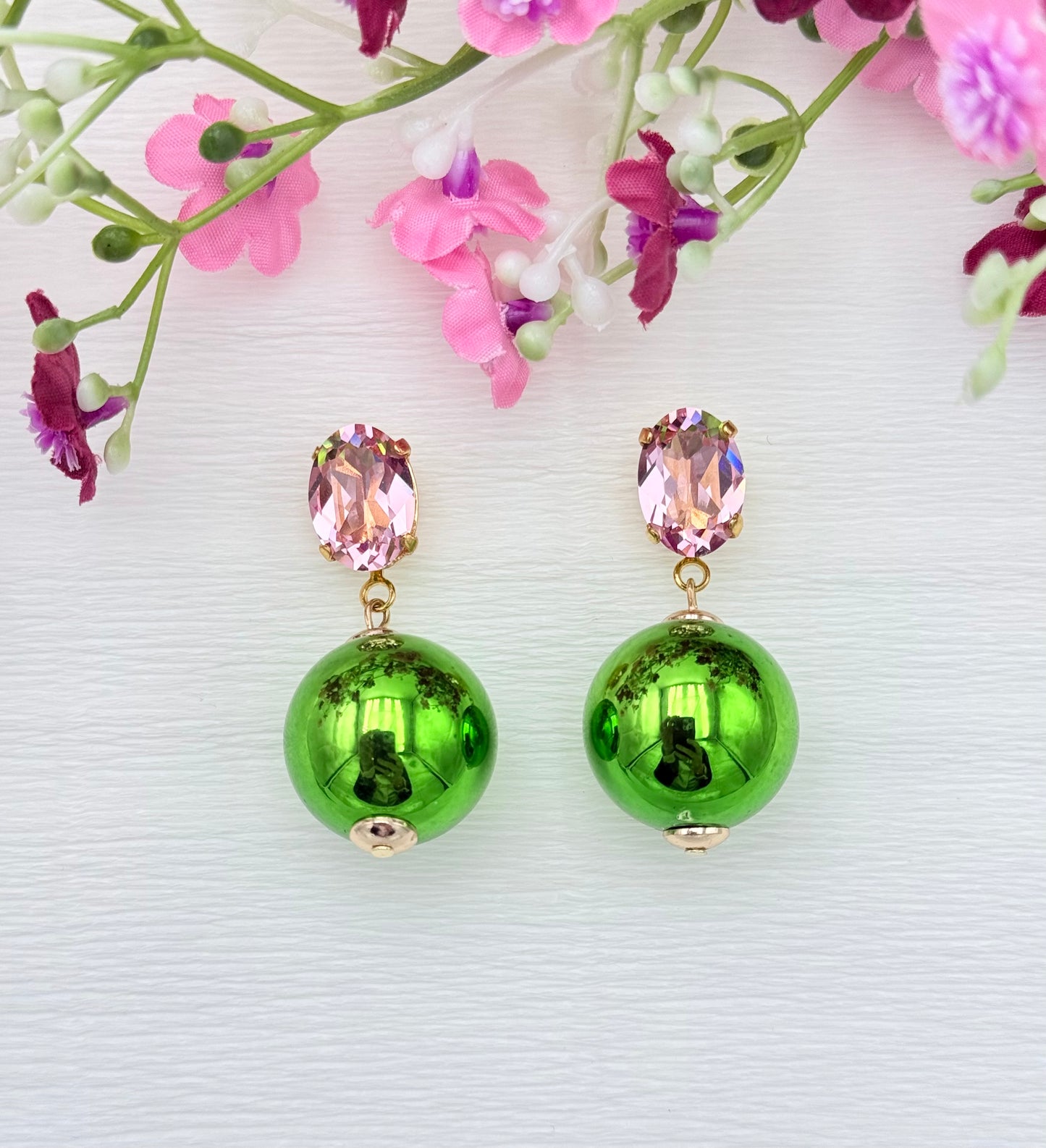 Grüne Ohrringe, Glitzerohrringe, schöne Ohrringe, Ohrringe grün rosa
