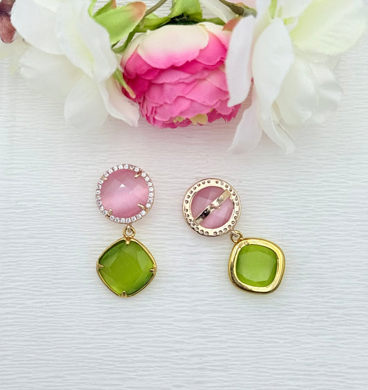 rosa grüne Ohrringe, Ohrringe rosa grün, goldene Ohrringe, Glitzer Ohrringe, Ohrringe glitzer, Modeschmuck Ohrringe, hochwertiger Modeschmuck, Onlineshop Ohrringe