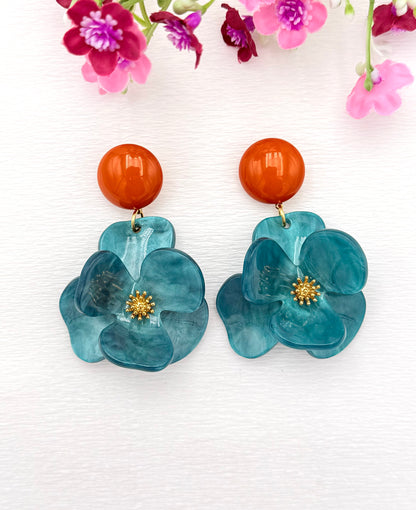Grosse Blumen-Ohrringe in Türkis und Orange