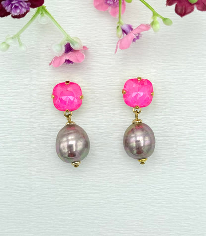 Pinker Glitzer-Ohrring mit edler Mallorcaperle in altrosa-grau