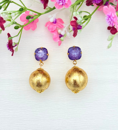 goldene Ohrringe, Ohrringe gold lila, leichte Ohrringe, bunte Ohrringe